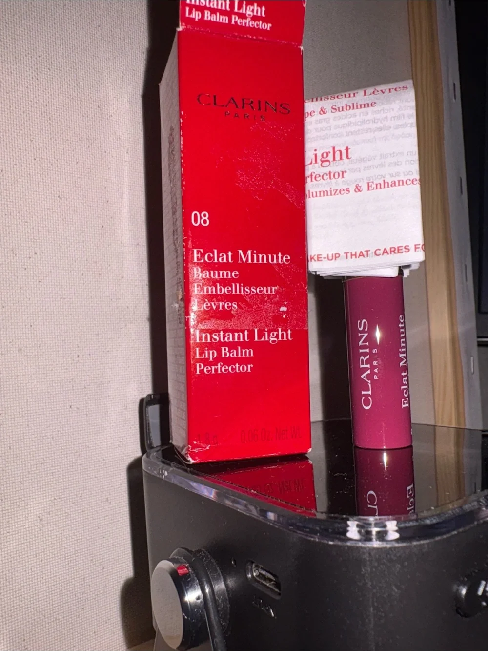 Clarins Instant Light Lip Balm Perfector — Deep Pink Stick with Red Box